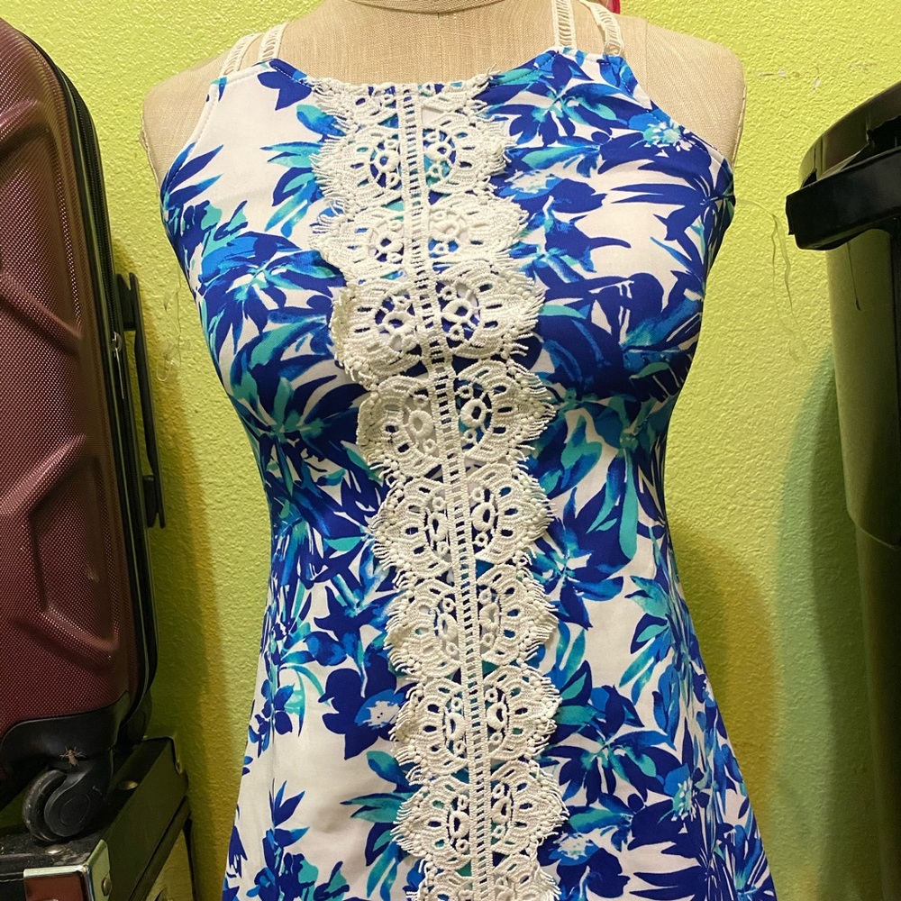 A blue and white dress swimsuit
